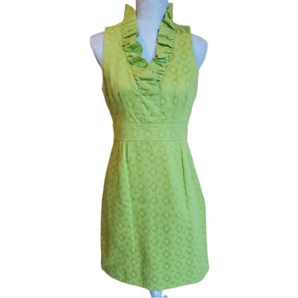 R&K Originals Lime Green Brocade Sleeveless Ruffle Neck Vintage Dress Size 8